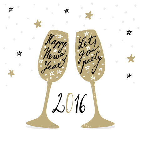 Cute hand drawn New Year 2016 greeting card with wine glasses, vector backgroundのイラスト素材