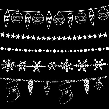 Set of christmas chalk doodle garlands, dividers on blackboard, vector illustration backgroundのイラスト素材