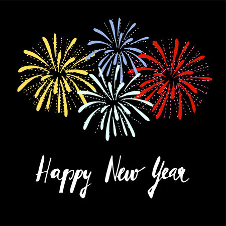 New Year greeting card, invitation with hand drawn fireworks and handwritten text, vector illustration background, flat designのイラスト素材