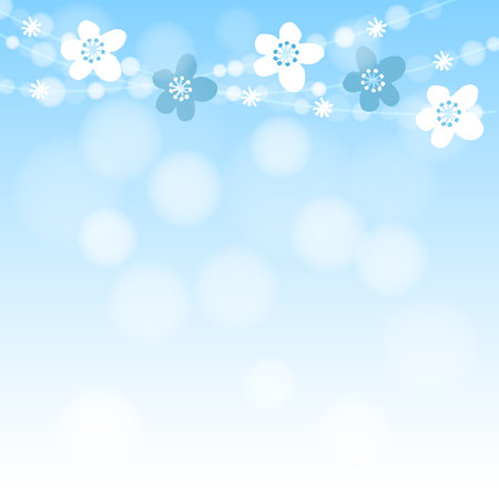 Cute spring card with cherry tree blossoms garland and lights, blue illustration backgroundのイラスト素材