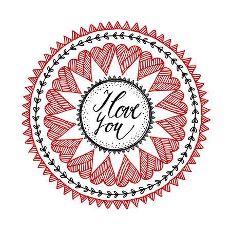 Ornamental Valentines day or wedding card with hand drawn inspired mandala, love concept, line art, illustrationのイラスト素材