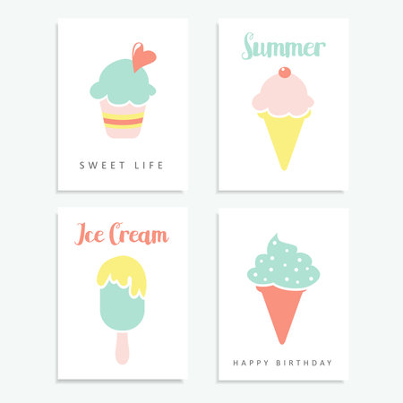 Set of summer cards  with ice cream, sundae, in pastel colours, illustrationsのイラスト素材