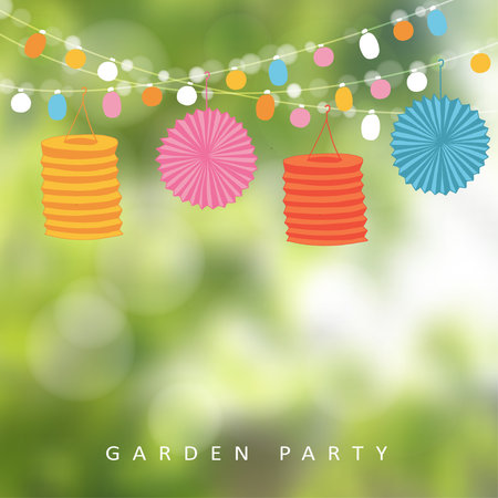 Birthday garden party or Brazilian june party, illustration with string of lights, paper lanterns and blurred backgroundのイラスト素材