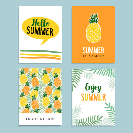 Set of summer greeting cards. Journaling cards. Birthday invitation. Pineapple fruit, palm leaves background. Tropical flat design.のイラスト素材