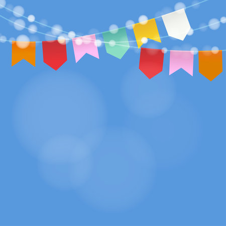 Brazilian june party. Festa junina. String of lights, party flags.  Summer party decoration. Festive blurred background.のイラスト素材