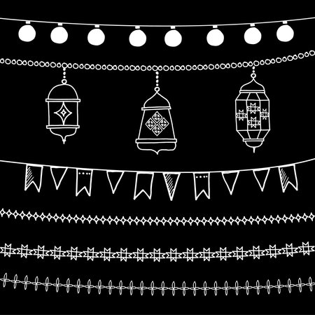 Set of chalk strings. Summer party decoration. Ramadan lanterns. Isolated vector elements. Borders on blackboard.のイラスト素材