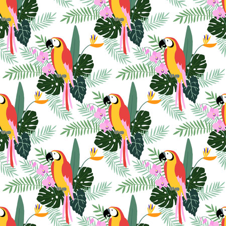 Tropical jungle seamless pattern with parrot bird, orchid and strelitzia flowers, palm and monstera leaves, flat design, vector illustration backgroundのイラスト素材