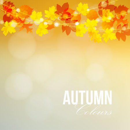 Autumn, fall card, banner. Garden party decoration. String of polygonal oak, maple leaves, lights. Modern vector blurred illustration background.のイラスト素材