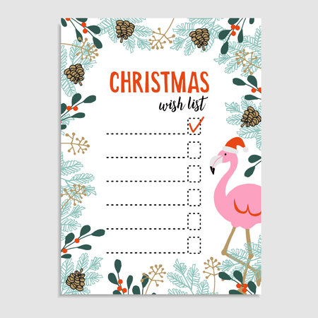 Cute Christmas card, wish list. Flamingo with Santa hat and floral frame made of Christmas tree branches and red berries. Hand drawn vector illustration backgroundのイラスト素材