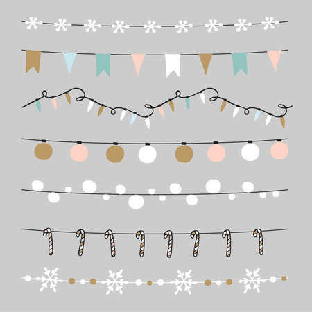 Set of Christmas borders, strings, garlands, brushes. Praty decoration with Christmas balls, baubles, lights, flags, candy sticks and snowflakes. Isolated vector objects.のイラスト素材