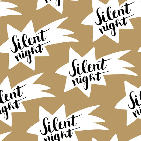 Christmas seamless pattern with hand drawn comet and handwritten Silent night text. Wrapping paper design. Vector illustration, brush lettering.のイラスト素材
