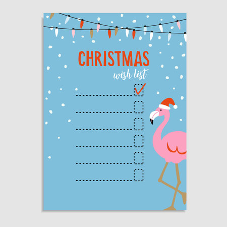 Cute Christmas card, wish list. Flamingo with Santa hat, string of lights and snow. Hand drawn vector illustration background.のイラスト素材