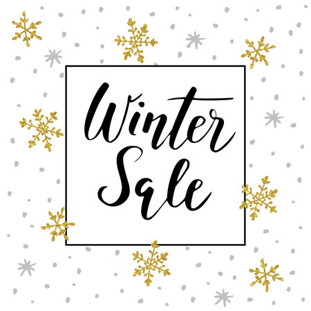 Winter sale background with handwritten text, golden doodle snowflakes and stars. Promotion business concept. Vector illustration, lettering.のイラスト素材