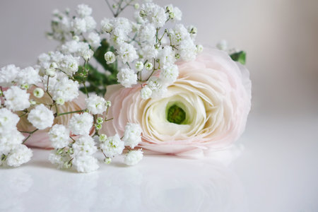 Closeup of wedding bouquet made of Persian buttercups, Ranunculus and white babys breath Gypsophila flowers lying on the table.の写真素材