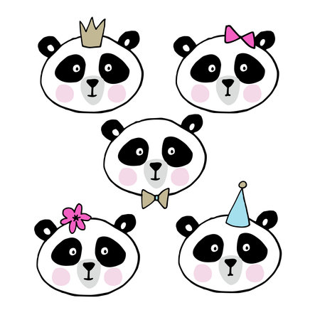 Set of cute giant pandas. Heads of little bears collection. Vector illustration.のイラスト素材