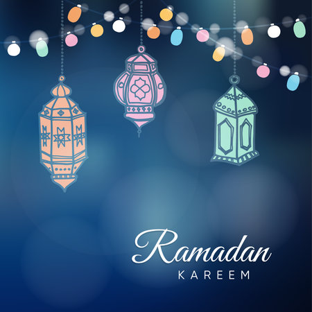 Ramadan hand drawn Arabic lanterns with a string light bulbs.のイラスト素材