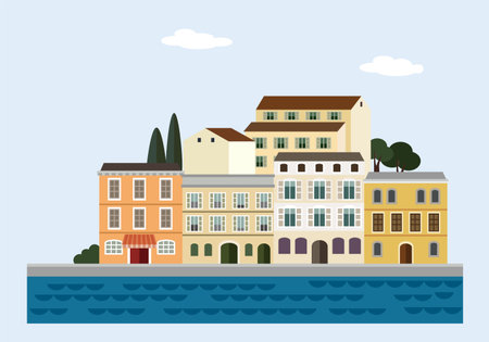 Mediterranean landscape by sea. Italian or Croatian town with colorful old houses. Flat design. Vector illustration.のイラスト素材