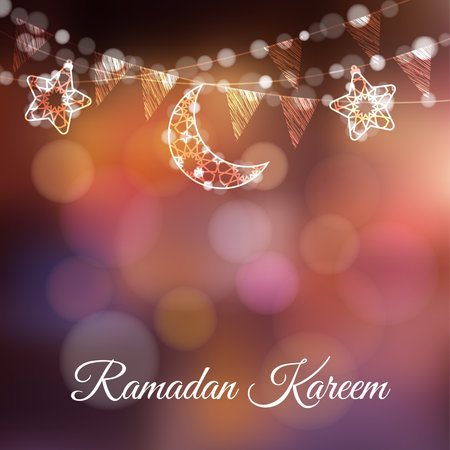 Garlands with decorative moons, stars, lights and party flags. Vector illustration card, invitation for Muslim community holy month Ramadan Kareem. Colorful festive blurred background.のイラスト素材