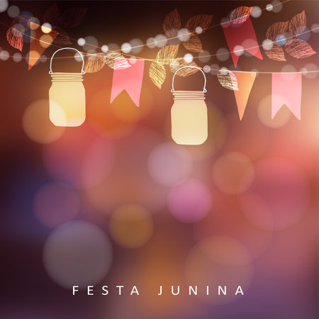 Brazilian june party Festa Junina, midsummer celebration or summer garden party. Vector illustration background with garland of lights, glass jars lanterns and flags.のイラスト素材