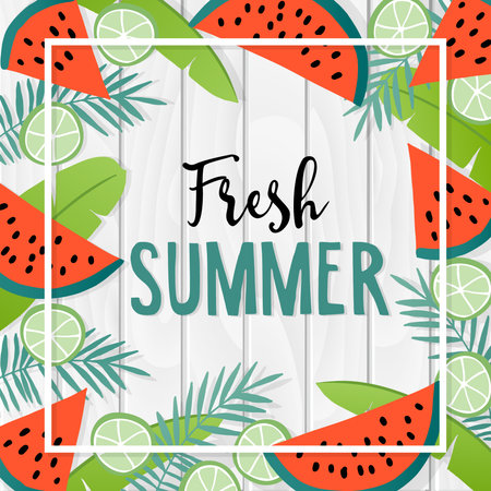 Fresh summer greeting card, invitation with hand drawn palm leaves, watermelon fruit, and lemon slices. White wooden background. Tropical design. Vector illustration.のイラスト素材