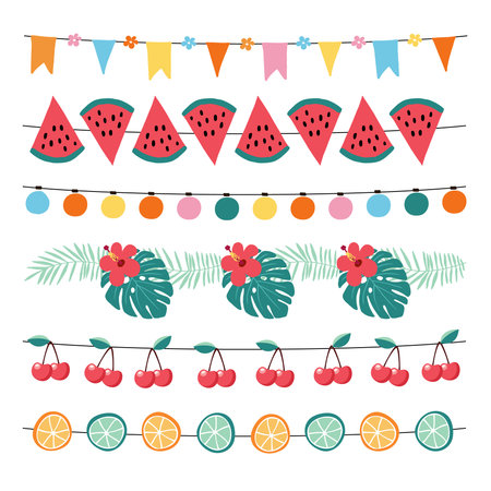Set of colorful summer garlands. Birthday party bunting decoration with paper flags, string of light bulbs, palm leaves, cherry, and watermelon. Isolated vector objects, web banners.のイラスト素材