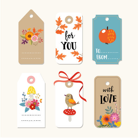 Retro set of cute autumn, fall gift tags and labels with flowers, bird, oak leaves and fly mushroom. Isolated vector illustration objects.のイラスト素材
