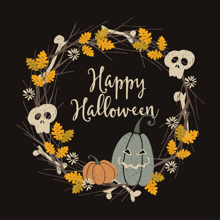 Hand drawn vintage Halloween party greeting card, invitation with floral wreath made of jack-o- lantern pumpkins, human skull, bones, oak leaves and branches. Artistic vector illustration background.のイラスト素材