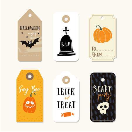 Set of cute Halloween gift tags, labels with pumpkins, human skull, bat and tomb. Hand drawn illustrations, vector objects isolated on white background.のイラスト素材