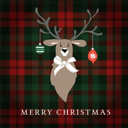 Merry Christmas greeting card, invitation. Reindeer with Christmas baubles and ribbon. Tartan checkered plaid, vector illustration background.のイラスト素材