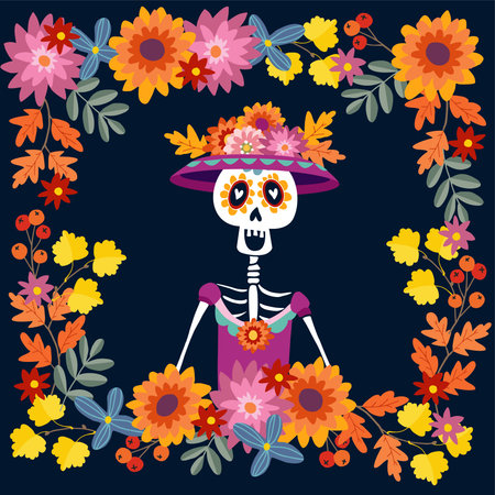 Day of the dead greeting card with floral frame designs.のイラスト素材