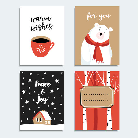 Set of hand drawn Christmas greeting cards, invitations with polar bear, cup of coffee and birch trees, vector illustration objects.のイラスト素材