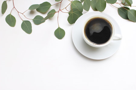 Floral composition made of green eucalyptus leaves and branches on white wooden background with cup...