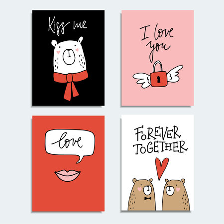 Set of cute hand drawn Valentines day or wedding cards, invitations with couple of bears, lips and flying padlock, isolated vector objects, doodle sketches.のイラスト素材