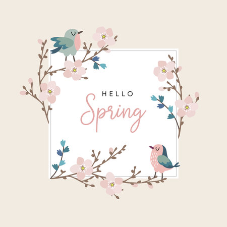 Hello spring greeting card, invitation with cute hand drawn birds and cherry tree branches with pink blossoms. Easter concept. Vector illustration background.のイラスト素材