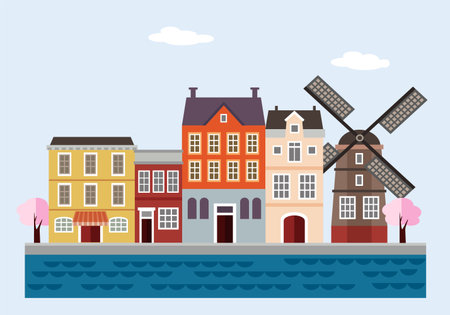 Colorful houses with windmill, blossoming trees and sea flat illustration.のイラスト素材