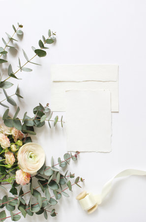 Feminine wedding, birthday desktop mock-ups. Blank craft paper greeting card, envelope. Eucalyptus...