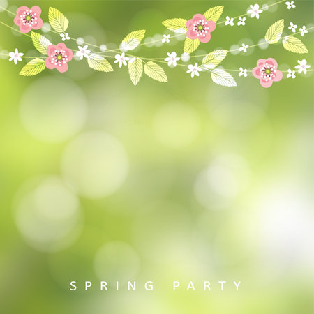 String of bokeh lights, leaves and cherry blossoms. Modern blurred background. Garden party decoration.のイラスト素材