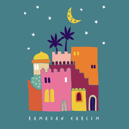 Hand drawn colorful arab houses with moon and stars. Moroccan or mideast town. Greeting card, invitation for Muslim holiday Ramadan Kareem. Vector illustration, background, flat design.のイラスト素材