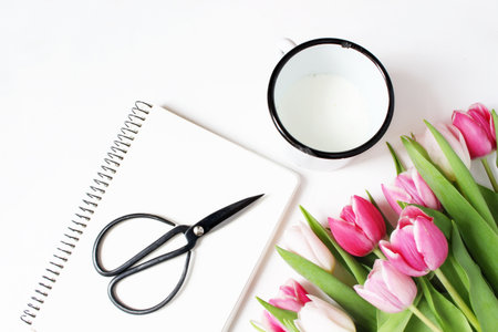 Breakfast scene with mug of milk, vintage black scissors, blank notebook and bouquet of pink tulip...