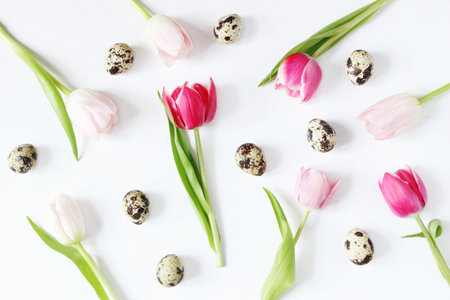 Styled stock photo. Feminine Easter, spring composition with pink tulips flowers quail eggs and on white background. Floral pattern. Flat lay, top view. Picture for blog.の写真素材