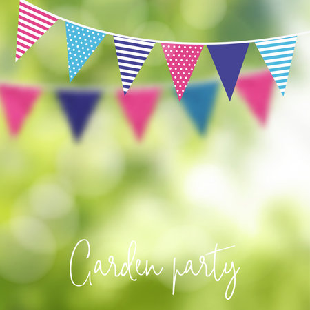 Birthday garden party or Brazilian june party, vector illustration with garland of party flags and blurred backgroundのイラスト素材
