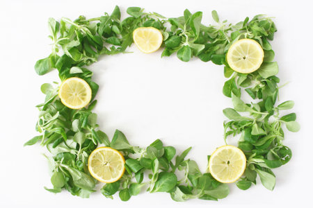 Decorative green vegetable frame composition. Various salad leaves. Arugula, rocket, corn salad with...