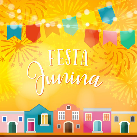 Festa junina, Brazilian june party. Latin American holiday. Vector illustration background with garland of flags, colorful houses and fireworks.のイラスト素材