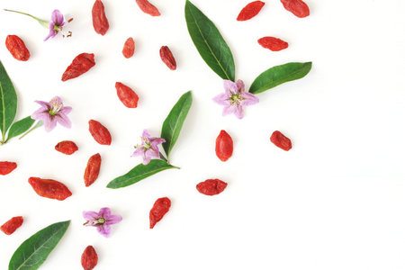 Closeup of Goji berries, Lycium barbarum. Dried Asian fruit, leaves and blossoms isolated on white wooden background. Healthy superfood. Floral pattern, decorative corner. Flatlay, top view.の写真素材