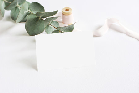 Feminine stationery mockup scene with a paper greeting card, spool of pink silk ribbon and Silver dollar eucalyptus leaves on a white table background. Wedding styled stock photography.の写真素材