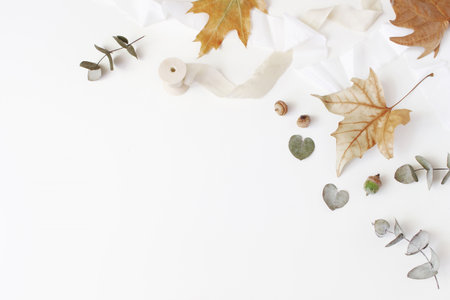 Fall creative styled composition. Autumn floral arrangement with dry eucalyptus, maple leaves and...