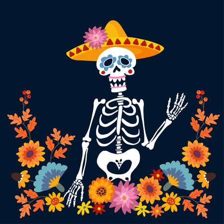 Dia de Los Muertos greeting card, invitation. Mexican Day of the Dead. Skeleton with sombrero hat and floral frame, ornamental skull. Hand drawn vector illustration, background.のイラスト素材
