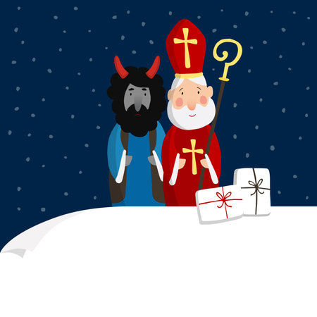 Cute St. Nicholas with devil, gift boxes and falling snow. Christmas invitation, greeting card. Flat kids design. Vector illustration, web banner with blank paper. Winter background.のイラスト素材