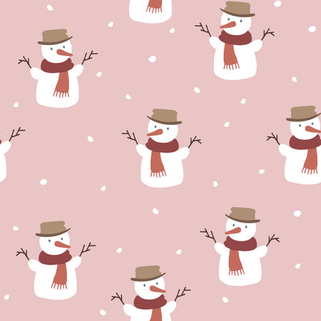 Cute Christmas seamless pattern with snowmen and falling snowflakes. Hand drawn kids nordic design. Winter vector illustration background.の写真素材