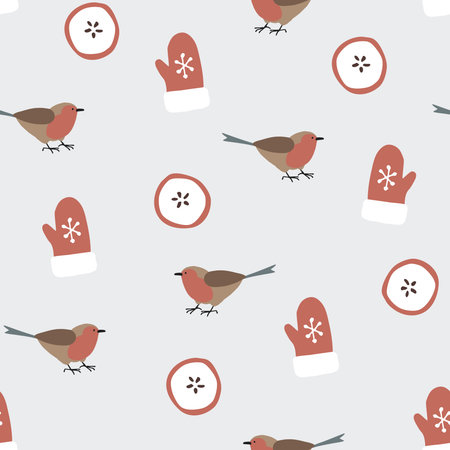Cute festive winter seamless pattern with hand drawn finch birds, sliced apples and gloves. Christmas design. Vector illustrationの写真素材